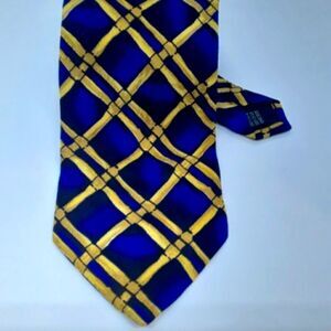 Nicola Ferri Italy Navy Blue/Blue/Yellow Plaid Tie 100% Pure Silk